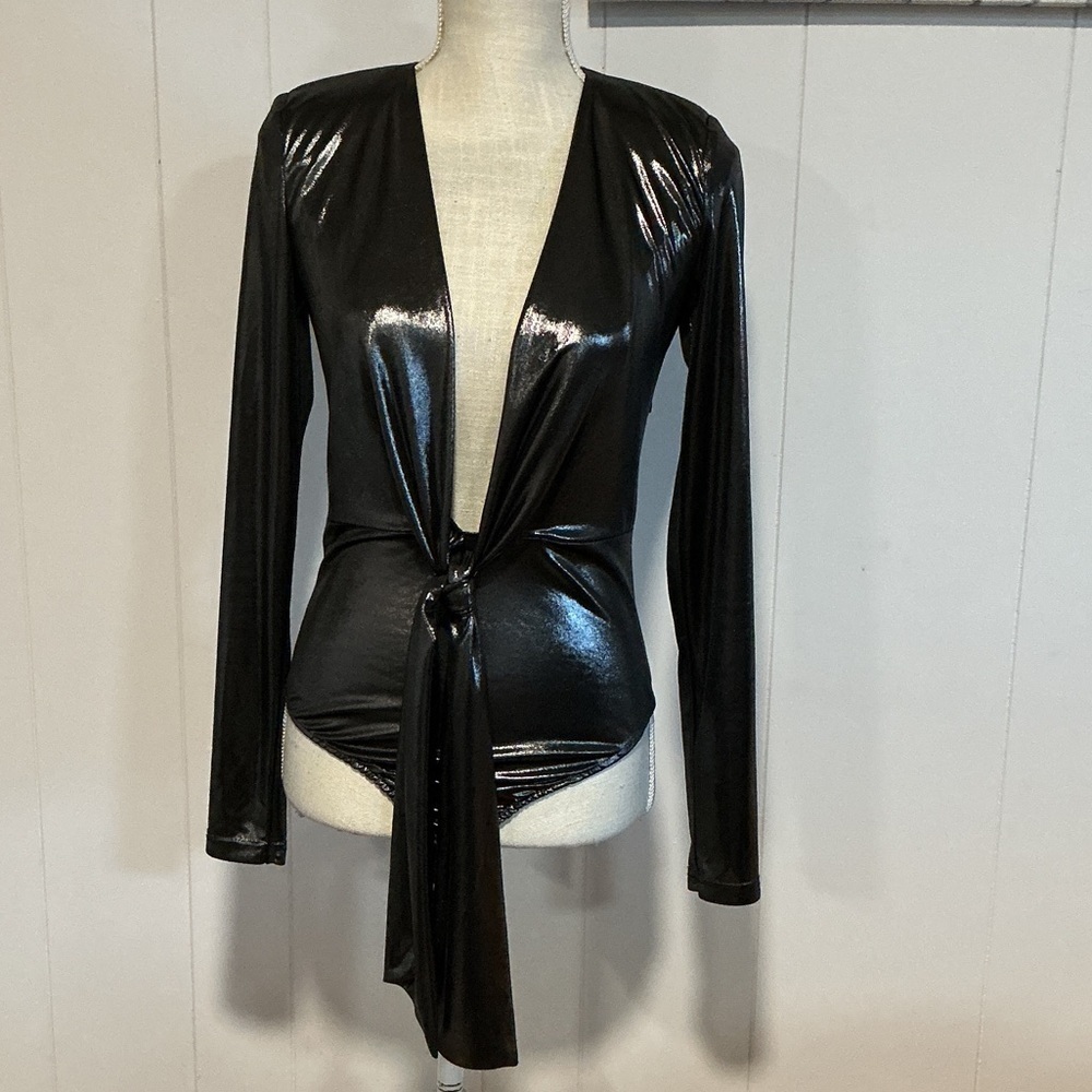 Zara Black Shiny Long Sleeve Tie-Front Bodysuit